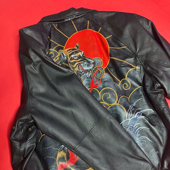 Vintage 90s Hand-Painted Leather Bomber Jacket – Size XL, Unisex - Picture 8 of 12